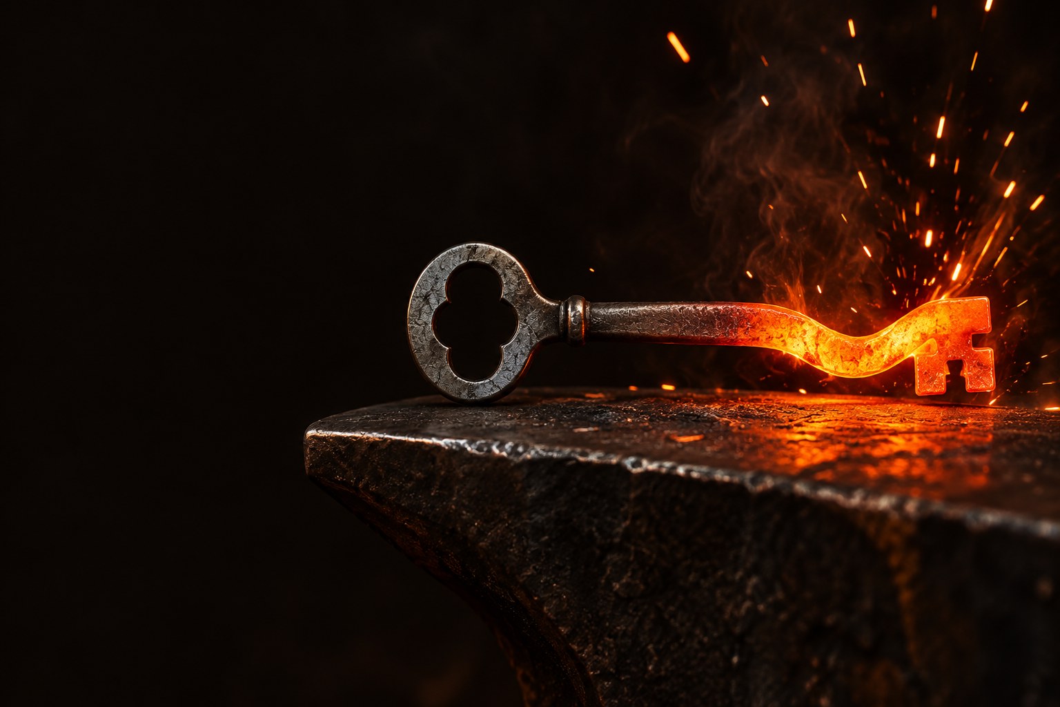 Llave de local sobre un yunque: mitad metal frío y gastado, mitad al rojo vivo cambiando de forma entre chispas